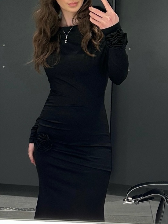 Dresses & Skirts - Elegant Black Long-Sleeve Women’s Top with Rosette Detail